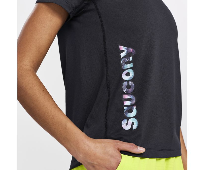 Saucony Stopwatch Graphic Kısa Sleeve Kadın Üstler Siyah | OTGUJB5